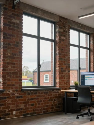 Wide environmental shot of a modern, clean brick-walled office in Burton-on-Trent, natural overcast daylight pouring through large windows, a digital marketing dashboard visible on a clean monitor in the background, sharp focus, professional.
