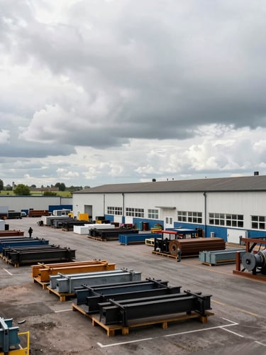 Wide environmental shot of a busy regional manufacturing yard in the Midlands with steel components ready for transport, overcast British daylight
