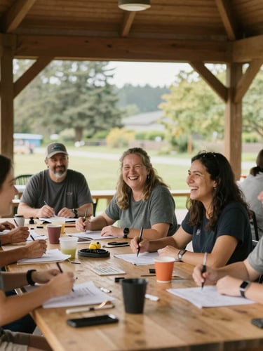 Candid shot of a cheerful outdoor community workshop under a wooden park pavilion, diverse participants laughing and learning, soft natural Pacific Northwest light