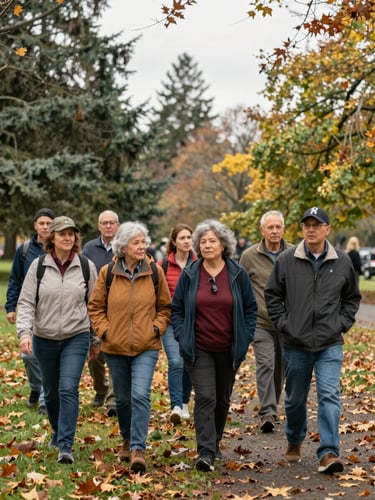 A warm candid portrait of a diverse group of Washington residents walking together in a leafy park, soft Pacific Northwest overcast daylight, authentic lifestyle photography.