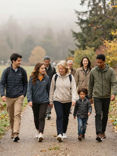A candid medium shot of a diverse group of families walking together on a soft, misty trail in a Washington park, overcast daylight, authentic lifestyle photography