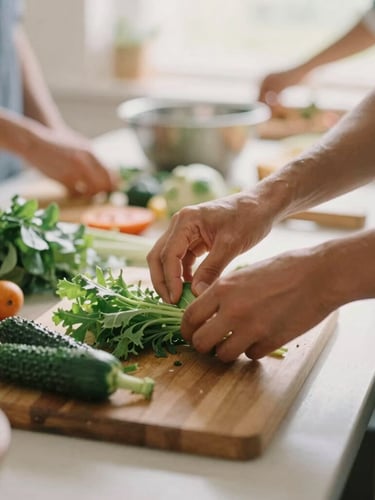 Close-up of active hands preparing fresh vegetables in a bright, warm community kitchen, soft natural daylight, earthy tones, candid 35mm photography.