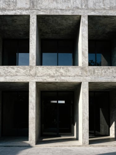 Straight-on architectural elevation of a modern concrete and raw oak building facade, sharp afternoon sunlight, dramatic geometric shadows, 35mm lens