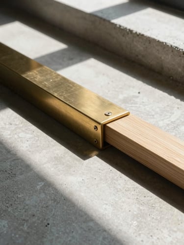 Tight detail shot of raw building materials, brushed brass fixtures against poured concrete and raw oak, natural afternoon light with sharp geometric shadows