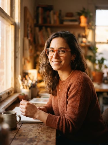 Warm editorial portrait of a creative professional wearing thick terracotta acetate glasses, golden-hour window light, shallow depth of field, 35mm