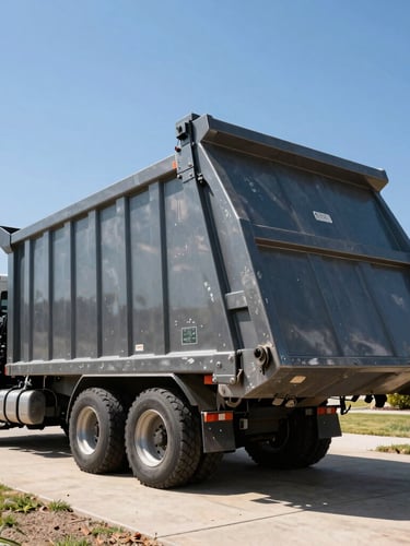 Low-angle heroic shot of a truck hoisting a heavy-duty steel roll-off dumpster onto a residential driveway, bright direct Texas sunlight, high-contrast shadows, industrial commercial photography.