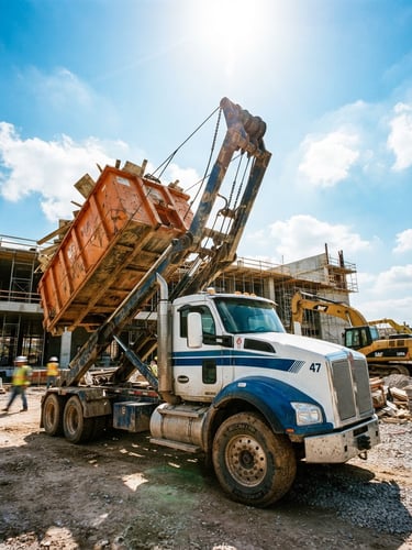 Low-angle heroic shot of a heavy-duty truck's hydraulic arm hoisting a steel roll-off dumpster, bright direct Texas sunlight, high-contrast shadows, construction site in background