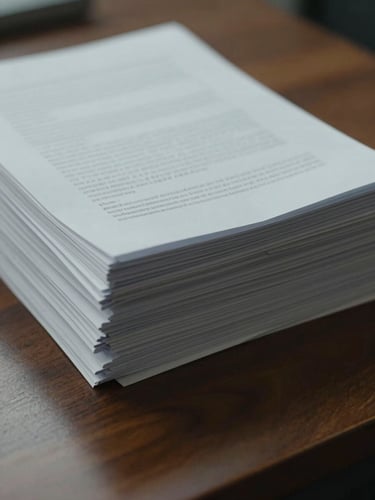 Close-up of a stack of legal documents on a polished dark wood desk, soft diffused overcast daylight, muted slate and navy tones, architectural details, 50mm lens.