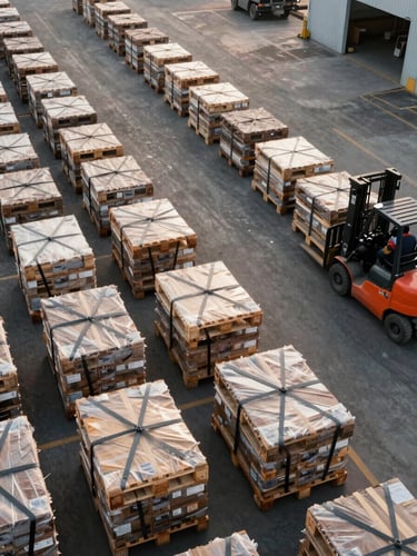 Overhead angle of a logistics operations yard at daylight, organized rows of cargo pallets being secured with straps by workers, forklift visible at the right edge, clean facility, natural morning light, Brazil industrial setting