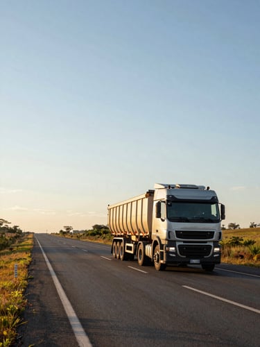 Wide panoramic highway at golden hour, a modern heavy-load truck moving away from camera on an open two-lane road stretching into the horizon, left side of frame, vast sky above, Brazil countryside, natural daylight, no filters