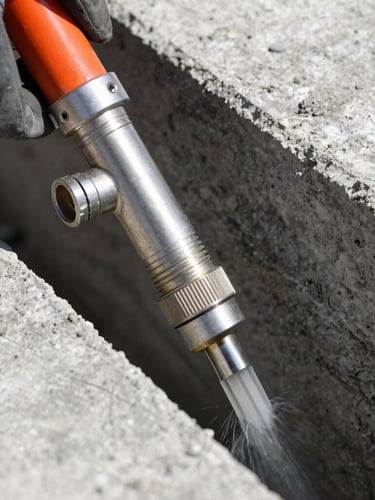 Close-up of high-pressure chemical injection nozzle entering a concrete fissure, harsh direct sunlight, industrial documentary photography, 35mm lens