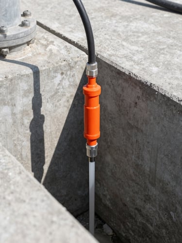Industrial documentary photography of high-pressure chemical injection into a concrete fissure, high-contrast cool gray concrete, safety orange injection port, sharp industrial focus, harsh direct sunlight, 35mm lens.