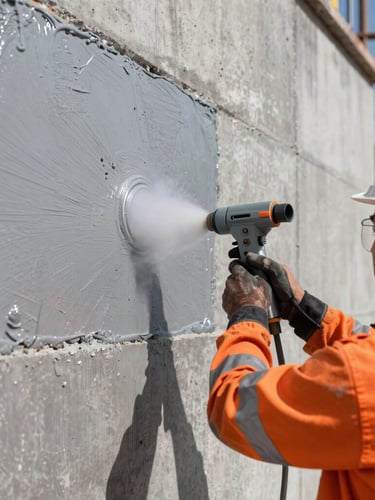 Industrial construction site in harsh direct sunlight, close-up of a worker applying heavy-duty polyurethane thermal insulation spray to a concrete wall, safety orange accents, technical focus, 35mm lens