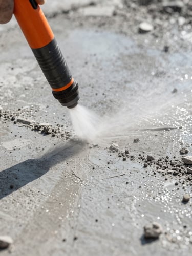 Macro detail shot of concrete substrate preparation, high-pressure water blasting clearing dust and debris from a textured concrete surface, sharp focus, water droplets catching harsh direct sunlight.