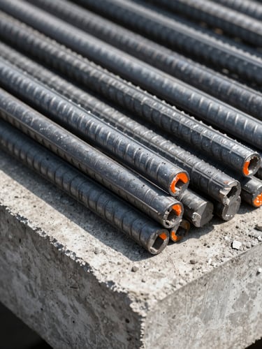Macro shot of treated steel reinforcement bars inside a concrete cutout, industrial environment, sharp focus, high-contrast cool grays