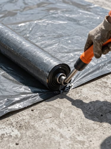 Macro detail shot of a heavy-duty torch-applied waterproofing membrane being expertly sealed on a concrete substrate, harsh direct sunlight, high-contrast, industrial documentary photography style.
