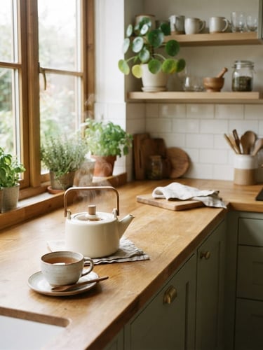 A bright, clean modern kitchen with warm wooden countertops, soft natural window light illuminating a freshly brewed pot of tea, peaceful domestic atmosphere.