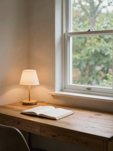 A cozy, warm-toned study nook in a modern home, a wooden desk with a notebook, a soft reading lamp, and a window showing green trees outside, 35mm lens.