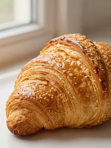 Close-up macro shot of a perfectly golden, flaky croissant with visible lamination layers, soft morning window light, shallow depth of field