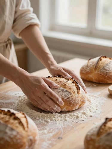 Hands dusting flour on a wooden worktable, shaping rustic sourdough loaves under soft morning window light, warm tones