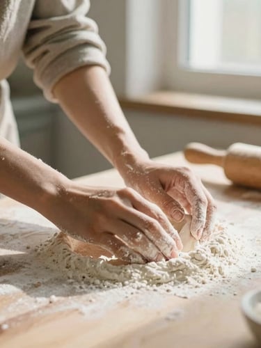 Hands dusting white flour over a wooden worktable, warm morning daylight streaming through a window, soft focus, authentic baking process