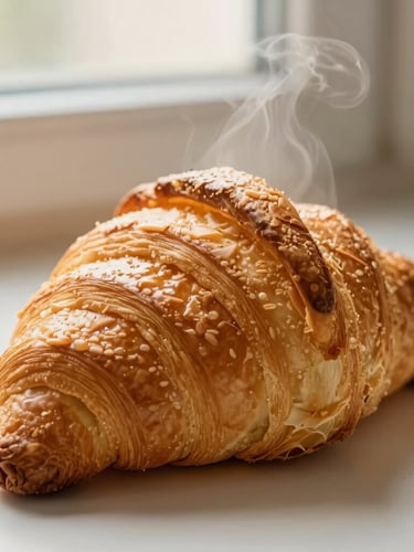 Close-up macro shot of freshly baked golden croissants with visible lamination, steam rising nearby, soft morning daylight, 35mm photography