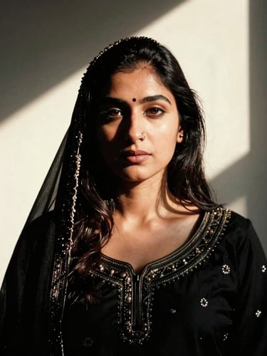 Stark high-contrast portrait of Pawanpreet Kaur, hard directional natural light, deep shadows, 35mm film aesthetic, looking directly at camera, off-center composition