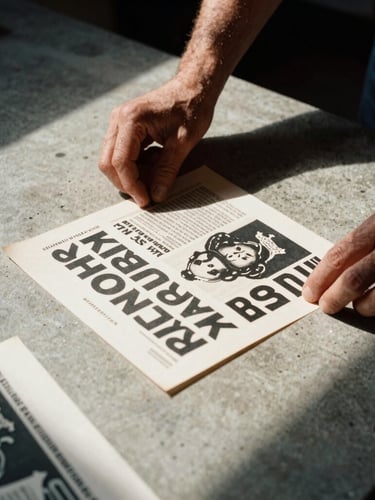 Stark editorial close-up of hands arranging printed campaign proofs on a heavy concrete table, harsh directional light, deep shadows, 35mm film.