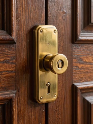 Close-up of a premium brass deadbolt lock cylinder installed on a restored dark oak brownstone door, warm morning light, sharp focus on the keyway.