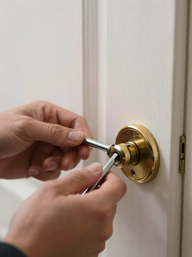 Close-up of a professional locksmith's hands using a tension wrench and lock pick to cleanly open an apartment door lock, natural daylight, focus on brass cylinder mechanism.