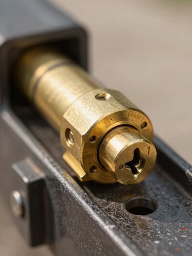 A close-up macro shot of a heavy-duty Grade 1 brass mortise lock cylinder being installed into a dark metal frame, bright natural daylight, shallow depth of field focusing on the keyway.