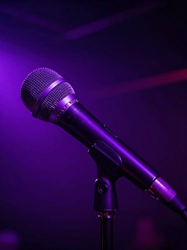 Close-up of a professional dynamic microphone reflecting vibrant purple and ultraviolet neon lights in a dark club environment, moody nightlife photography