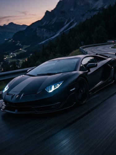 Low-angle dynamic rolling shot of a matte black supercar curving on a mountain pass at dusk, sharp electric blue headlights cutting through the twilight, motion blur.