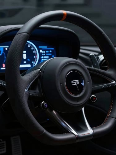 Low-angle cinematic portrait of a modern supercar's steering wheel with glowing digital dials, dramatic low-key studio lighting, electric blue reflections, high contrast.