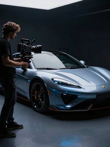 A professional male automotive videographer with a high-end cinema camera rig filming a luxury sports car in a moody, dark-lit detailing studio with electric blue accents