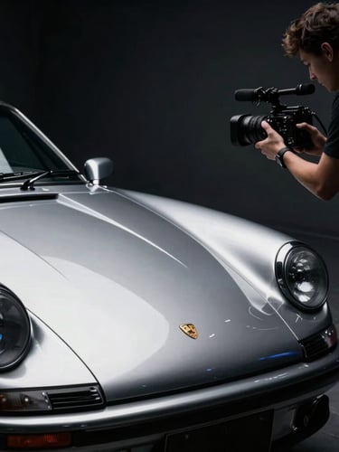 Low-key dramatic close-up of a professional automotive videographer filming a classic sports car in a moody detailing studio, sharp metallic silver reflections, high contrast.