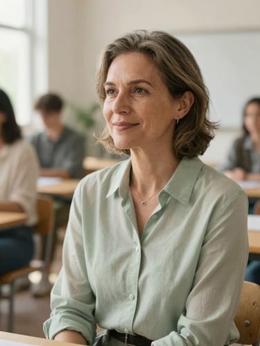A close-up environmental portrait of a mature female consultant with a warm expression, sitting in a sunlit community workshop space, soft natural light, shallow depth of field.
