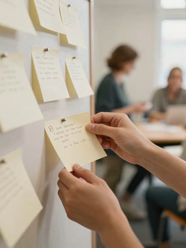 A collaborative workshop setting with hands pinning notes to a board, warm ambient daylight, soft focus on the active discussion in the background.