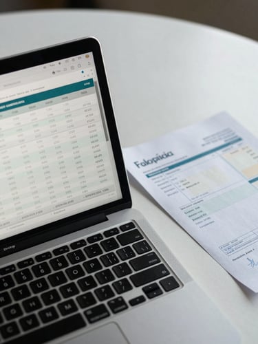 Overhead close-up of an open laptop on a clean desk showing a spreadsheet dashboard with financial columns, a Colombian business invoice beside it, cool north-facing daylight, minimal clutter, top-down angle