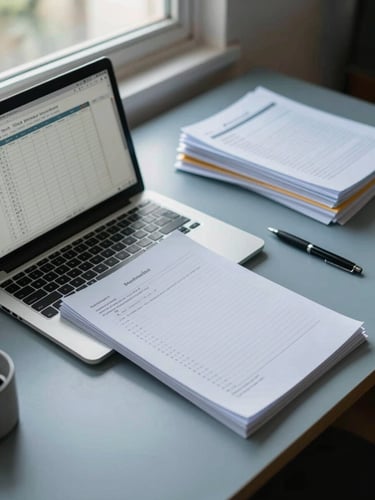 Overhead close-up of a tidy Colombian home-office desk: open laptop showing a spreadsheet, neatly stacked documents and a pen to the right, cool north-facing daylight from a window, muted blue-grey surface, no people