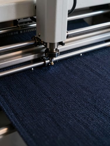 Vertical close-up of a high-precision automatic fabric cutting machine slicing through structured dark navy wool, sharp industrial lighting.