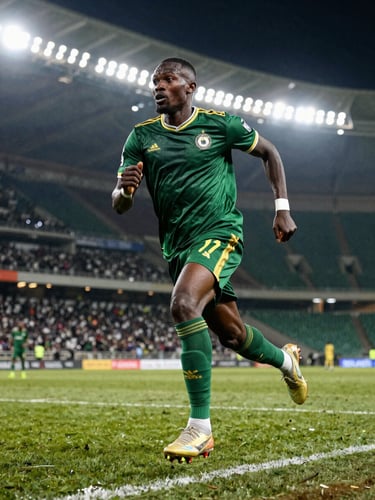 Low-angle action shot of a Ugandan football player sprinting on turf under bright stadium floodlights, deep green jersey, intense focus