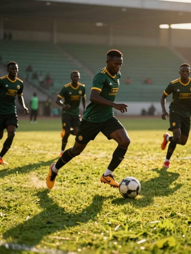 Low-angle dynamic action shot of Ugandan football players competing on a lush green pitch, dramatic late afternoon sun casting long shadows, intense athletic focus, 35mm lens.