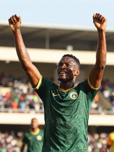 Dynamic close-up of a football player celebrating a goal on a sunny afternoon in Kampala, arms raised, crowd blurred in background