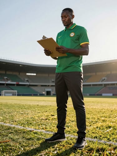 Low-angle shot of Ugandan football scout standing by the pitch with a clipboard, intense look, afternoon sun casting long shadows, stadium background.