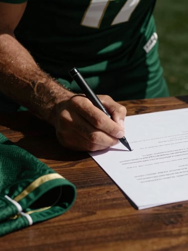 Dynamic close-up of a football player signing a contract on a wooden table, a green and gold jersey folded beside the document, high-contrast lighting.