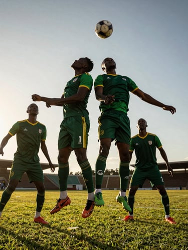 Low-angle action shot of Ugandan football players competing for a header under dramatic late-afternoon Kampala sun, deep green grass, high-contrast sports photography