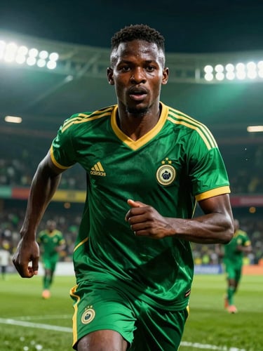 Intense player portrait of a young Ugandan footballer looking directly into the camera, dramatic high-contrast stadium lighting, deep green background
