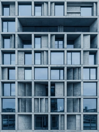 Straight-on architectural photography of a modern concrete building facade with clean geometric lines, bright neutral daylight, sharp focus, technical precision, desaturated blue tones