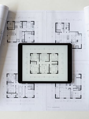 Flat-lay of technical engineering documents, blueprints, and a digital tablet showing architectural plans, clean workspace setup, neutral daylight